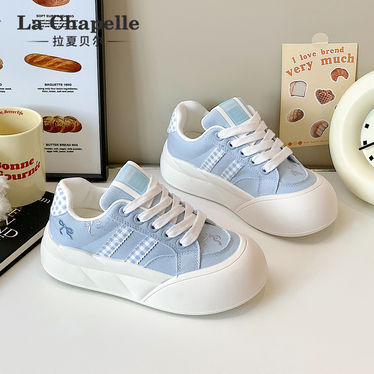 拉夏贝尔女鞋休闲板鞋户外运动四季可穿小白鞋防滑可爱大头鞋 浅蓝 35