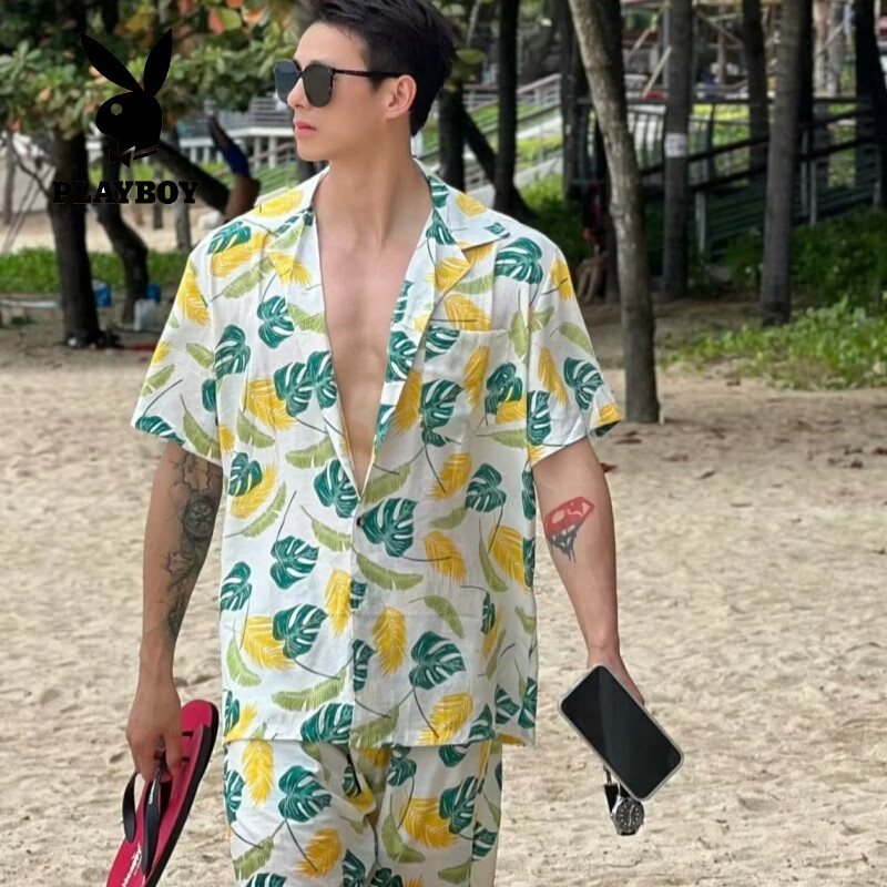 海南岛服花衬衫休闲男短袖夏季棉绸三亚旅游沙滩