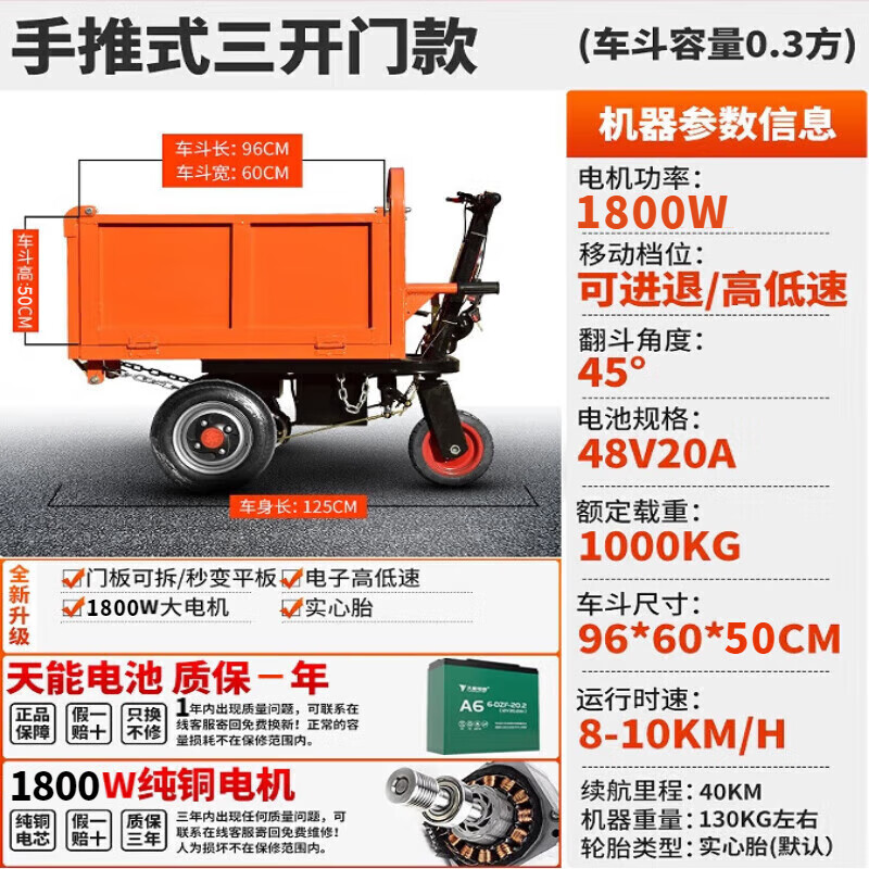 胜鑫惠饲料车建筑工地三轮车电动手推车拉砂浆灰拉沙进料灰斗车自卸农用 电动三开门60宽