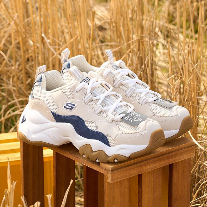 斯凯奇（Skechers）女鞋秋季2024新款透气熊猫鞋轻便休闲鞋运动鞋厚底增高老爹鞋女 褐色/海军蓝色-TNV 35