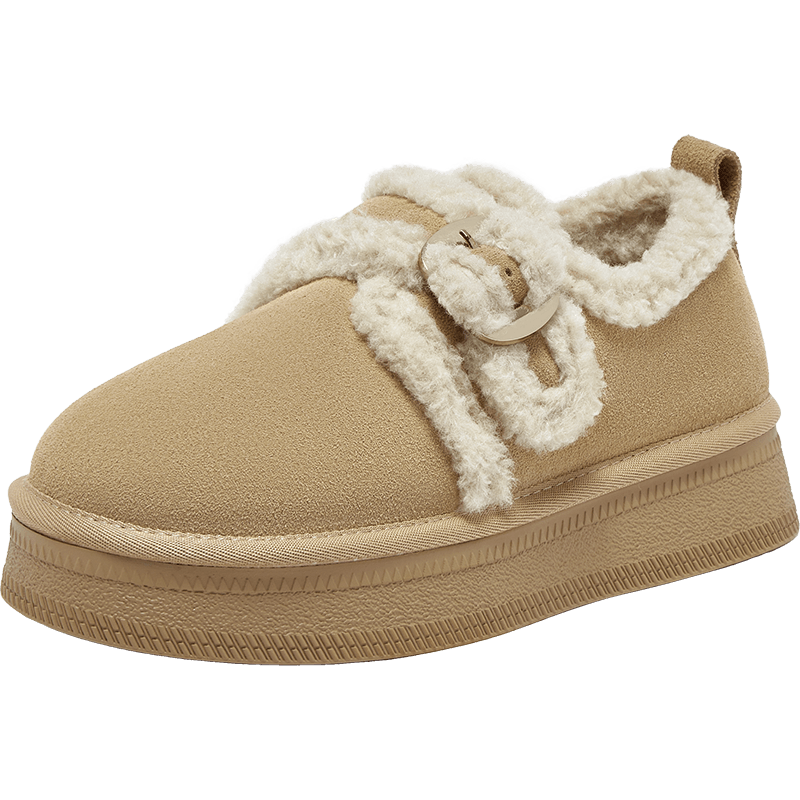 百思圖25冬勃肯鞋雪地靴棉鞋加絨保暖女毛毛鞋單鞋DK802DM5 杏色 37