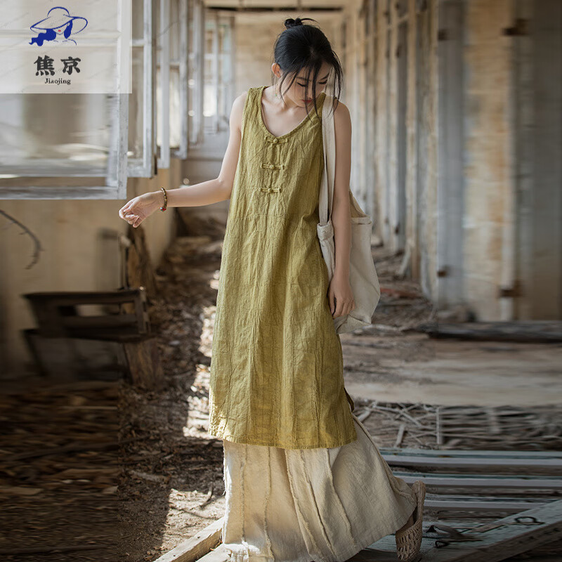 蕉京素订女苎麻高端连衣裙2025夏季新款棉麻禅意茶服女士无袖背心裙显