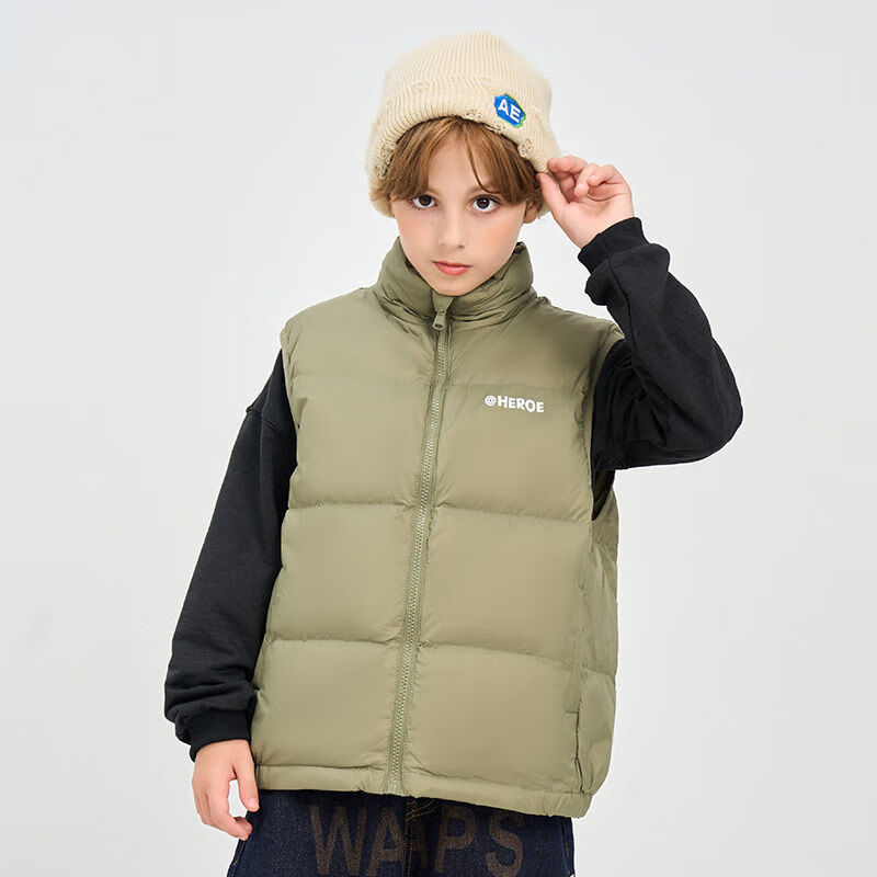 雅鹿2025新款儿童羽绒马甲男童女童中大童洋气加厚背心外穿秋冬季 军绿色 110 cm