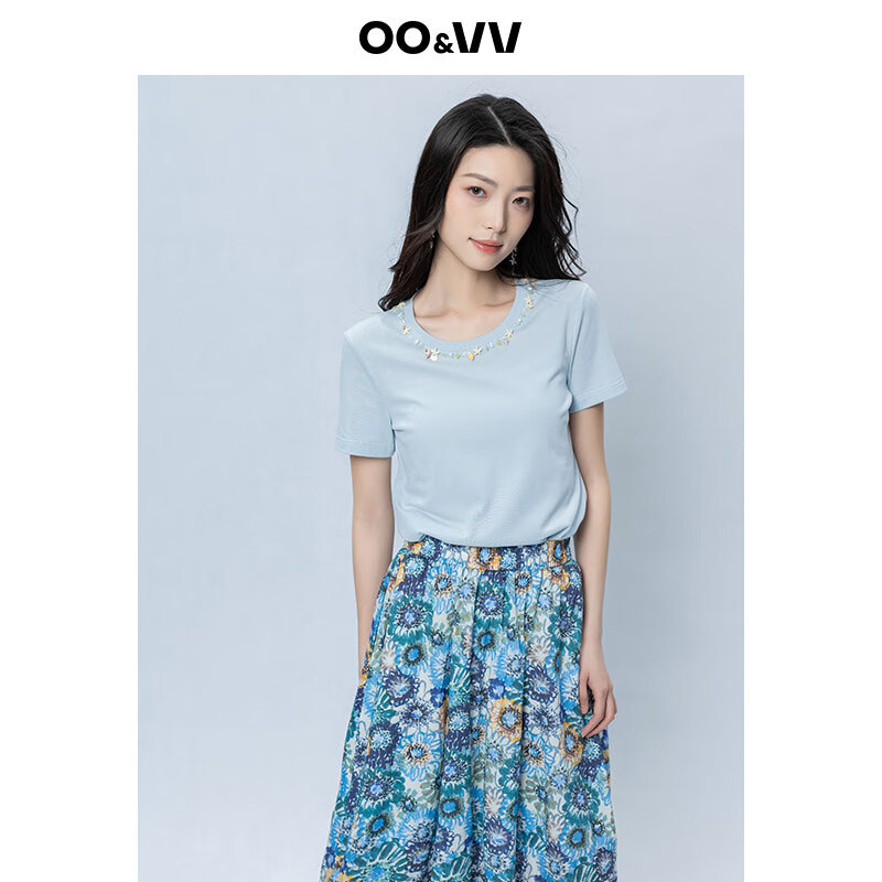 OO&VV设计感海星饰品项链圆领短袖T恤女2025夏修身显瘦休闲上衣新 天空蓝 S
