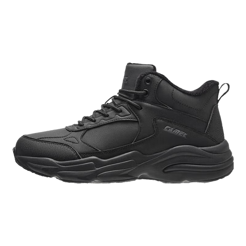骆驼（CAMEL）加绒保暖男鞋女鞋防泼水高帮运动休闲鞋 3635，黑色，男 42