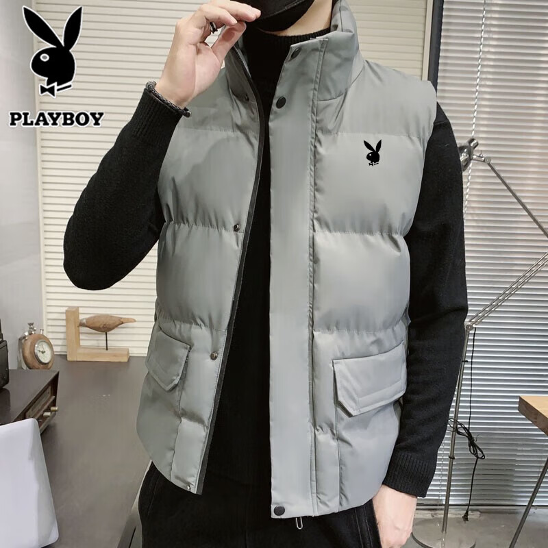 花花公子（PLAYBOY）马甲男无袖马夹外套冬季棉马甲男士韩版休闲潮流时尚中男士坎肩 灰色 4XL （170斤-180斤）