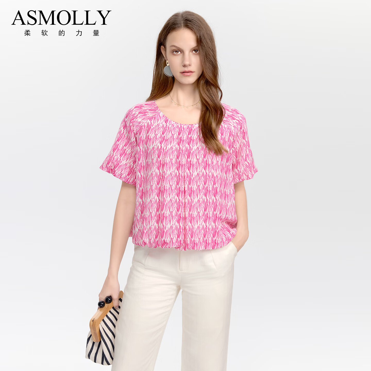 Asmolly2025夏氣質(zhì)涼快碎花上衣短袖優(yōu)雅OL女士印花真絲襯衫桑蠶絲襯衣 優(yōu)雅印花 S