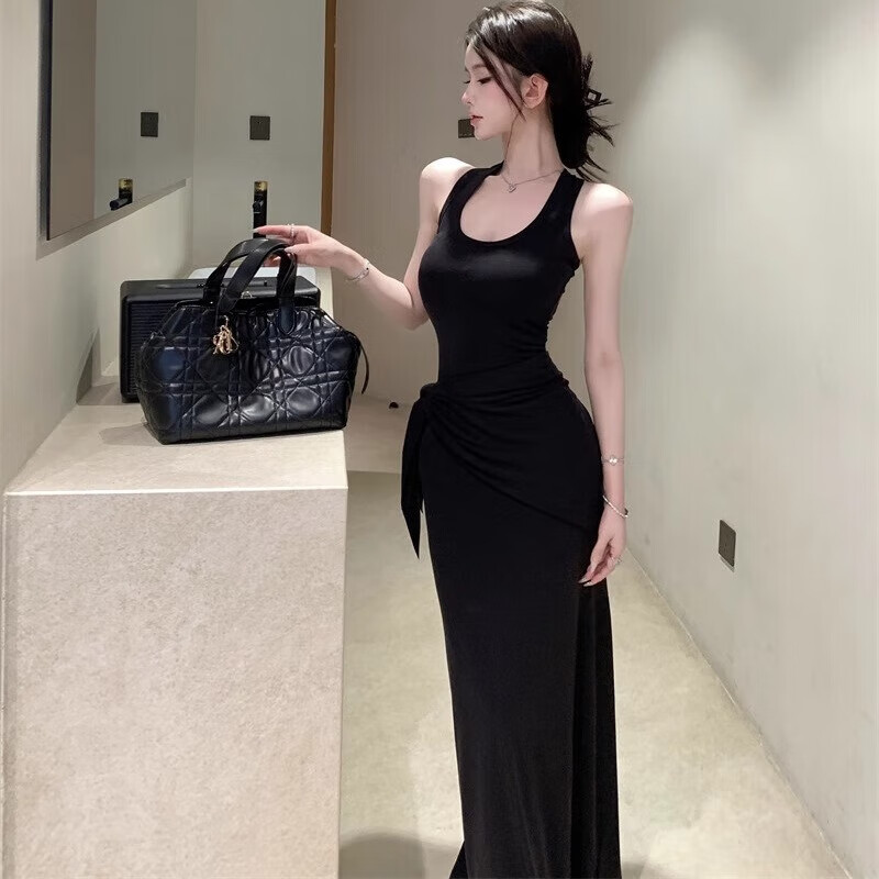微光里黑色u领无袖工字背心连衣裙女夏辣妹收腰修身裙子气质包臀长裙夏 收腰修身裙子【黑色+披肩 M】