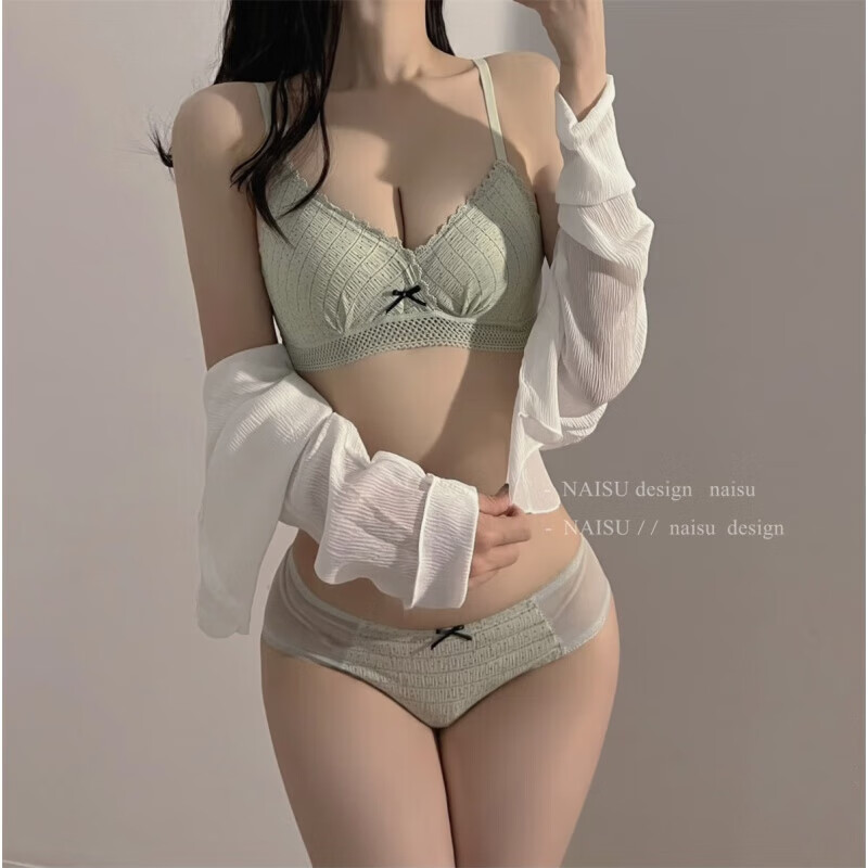 維多利亞性感的秘密日系少女可愛(ài)文胸薄款無(wú)鋼圈大胸顯小胸聚攏學(xué)生舒適透 綠色(套裝) ML138 85A 38B(通杯)