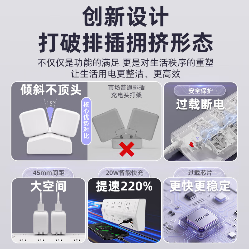 公正午斜面梯形插排插线板20W快充接线板电源多孔位扩展器多功能USB多功能插座铜芯防雷 6位插孔（0.2米）