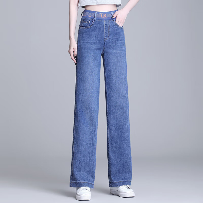 牛仔棉松紧腰直筒牛仔裤女春秋新款2025新款高腰宽松阔腿休闲长裤 浅蓝色春秋常规款3009 S /26 85-95斤