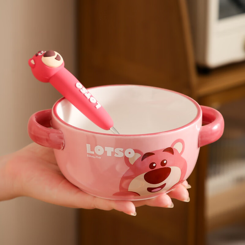 精东家 儿童家用餐具迪士尼史迪仔双耳米饭碗可爱草莓熊陶瓷面碗汤碗 【草莓熊】双耳碗+304不锈钢勺
