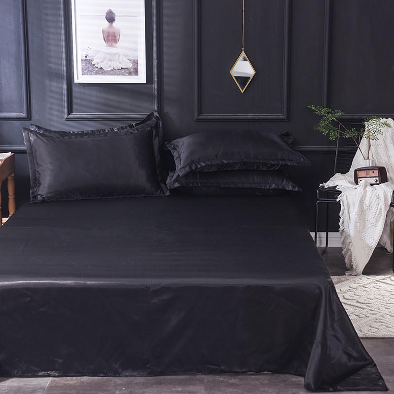 床笠仿真丝冰丝新款单被单纯色仿真丝绸缎单件床笠床包单件床单 黑色