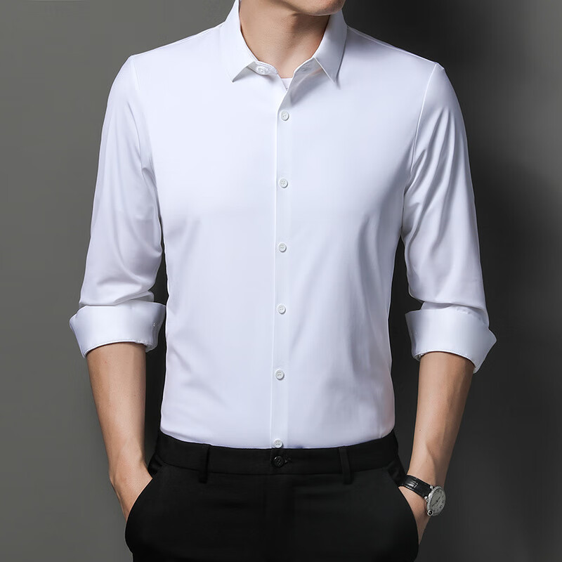 汉麻世家（HANP）雅戈尓秋季新款男士长袖衬衫纯色弹力寸衫时尚潮流免烫衬衣 白色 M 165