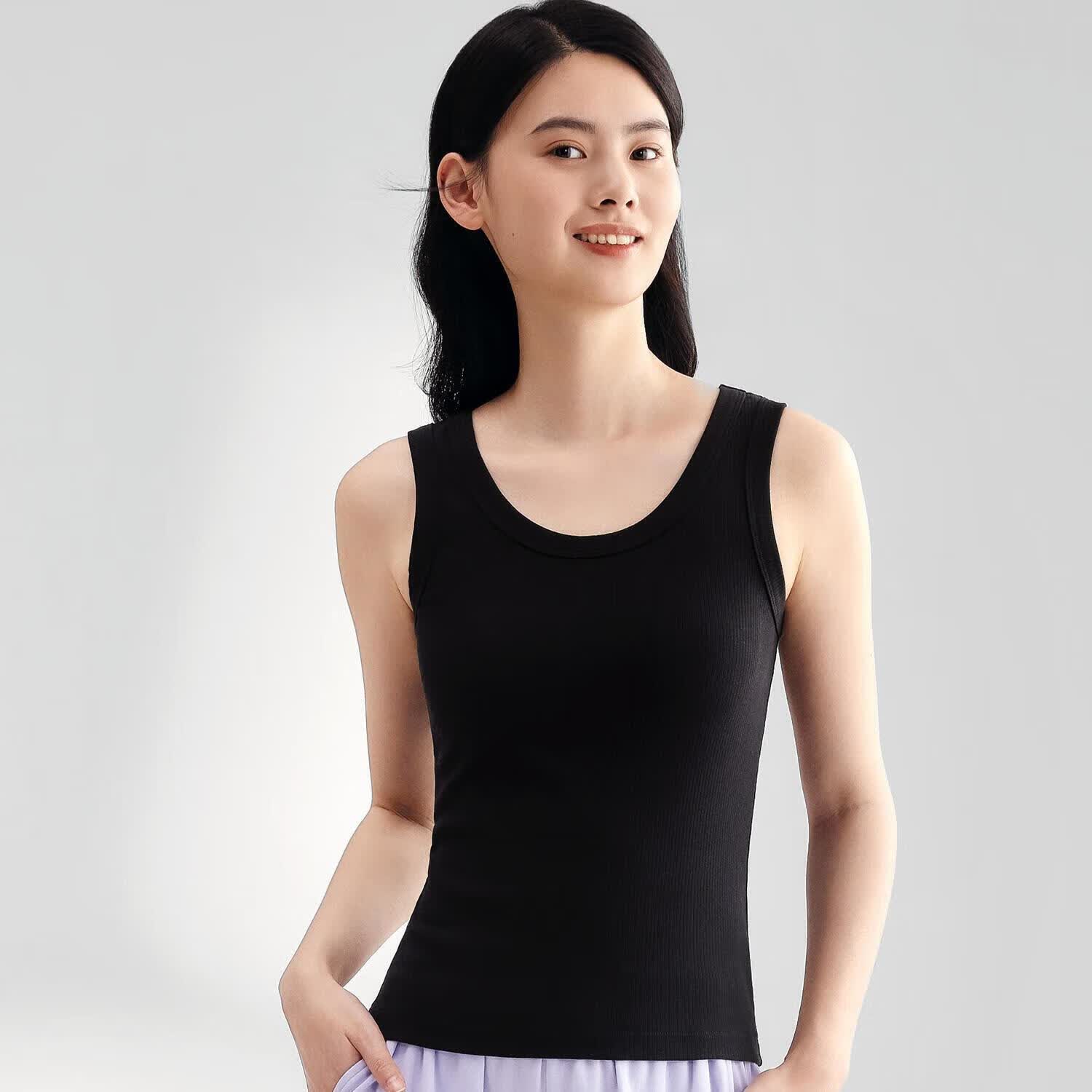 全棉时代打底衫女士背心夏季针织罗纹紧身吊带女 黑色 L