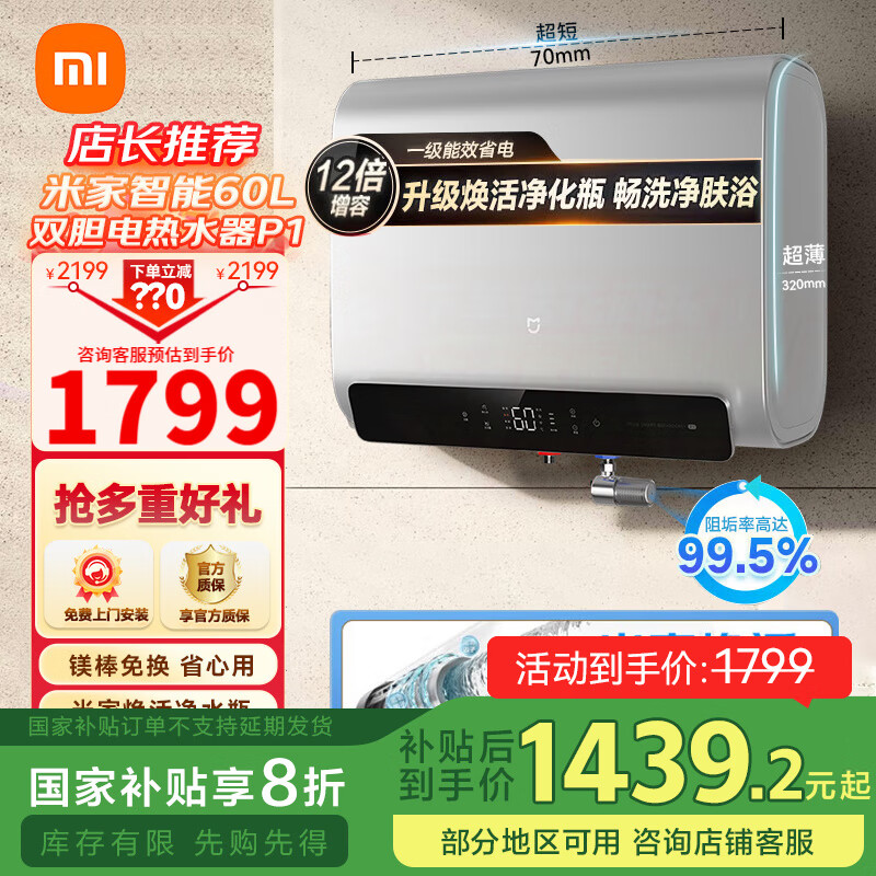 米家小米智能60L双胆电热水器P1 家用超薄扁桶 焕活阻垢内胆免清洗 3300W双胆速热 镁棒终身免更换MJ02 米家智能双胆电热水器60L P1