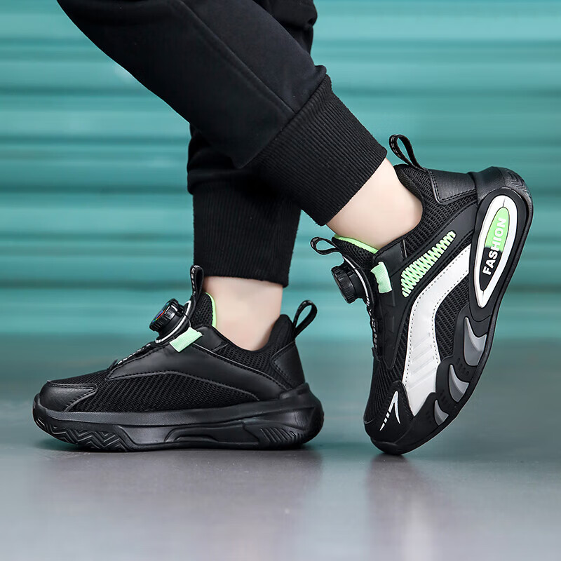 贝天熊男女童儿童运动鞋2025秋冬款男孩网面女鞋透气旋钮扣学生革面童鞋 K111荧光绿【春秋双网】 35 内长22.0/脚21.0