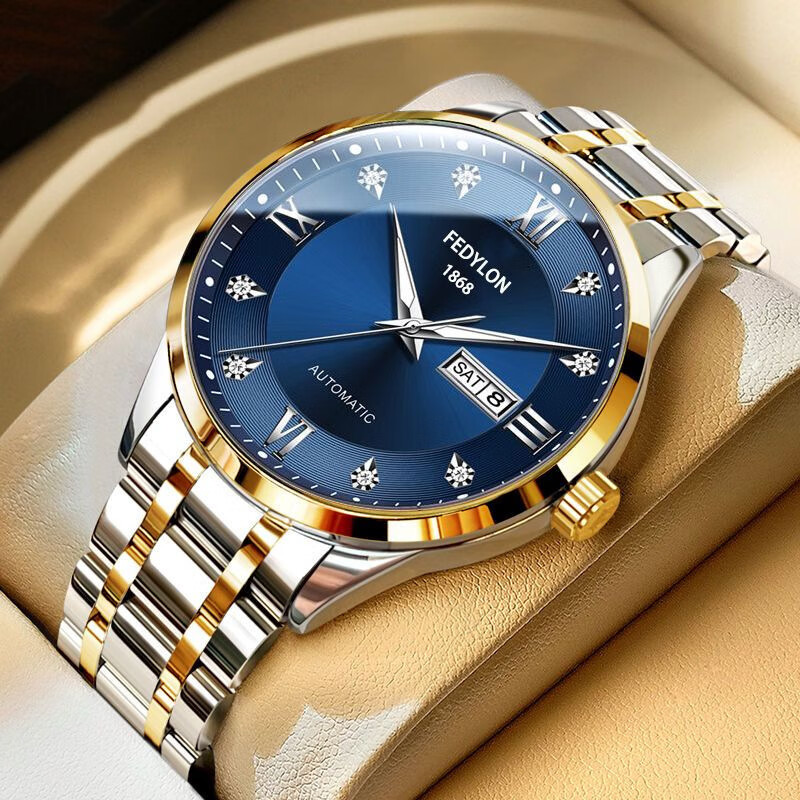 特雷格（0.01）新款男士手全自动非机械表男表石英表带夜光防水男款商务 690间金蓝面 42mm  