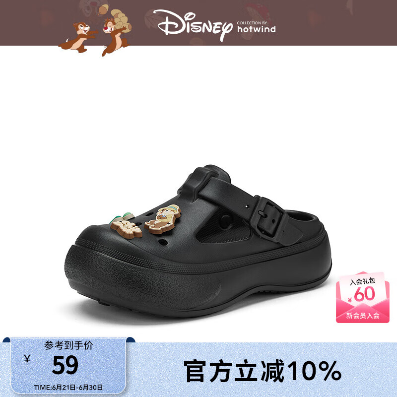 热风女洞洞鞋卡通2025年夏季新款奇奇蒂蒂联名系列时尚包头透气拖鞋 01黑色 39-40 (39-40)