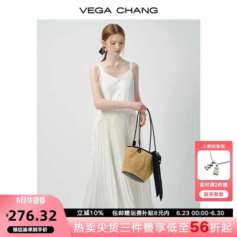 VEGA CHANG吊带连衣裙女2025新款夏季气质高级感V领蕾丝拼接长裙 乳白色 M