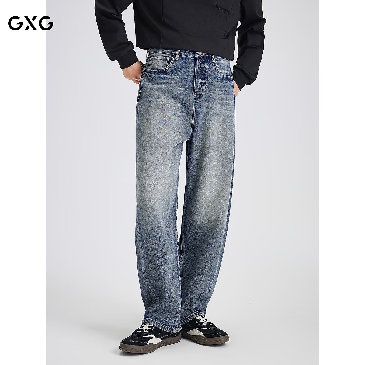 GXG男装 做旧水洗复古侧边车线设计宽松直筒牛仔长裤2025秋季新 蓝色 L