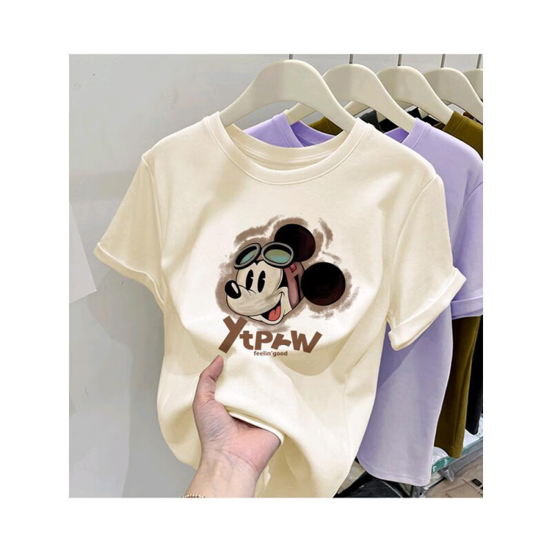 正肩纯棉短袖T恤女2025早秋新款ins风潮流宽松休闲百搭打底衫半袖 粉色(眼镜米奇款) 2XL