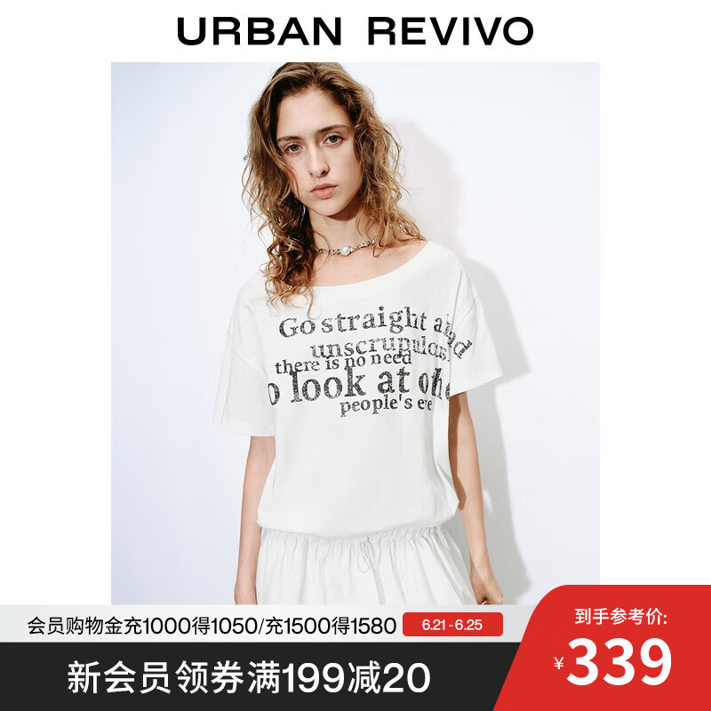 UR2025夏季新款女装复古字母印花斜肩领连衣裙UYV750057 本白 XS