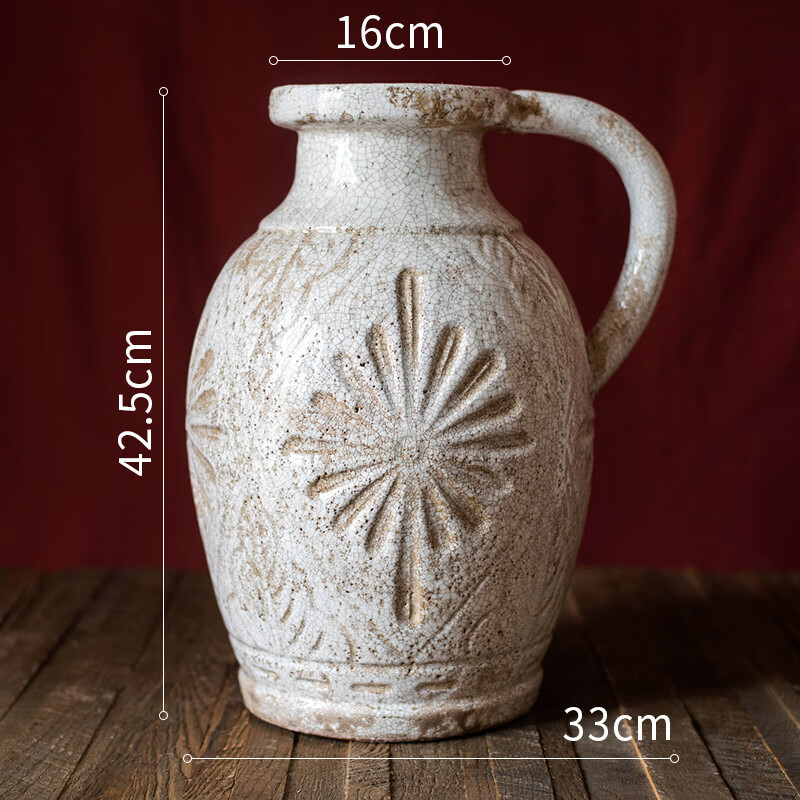 掬涵法式鄉(xiāng)村復(fù)古白瓷花瓶田園藝術(shù)瓦罐粗陶擺件美式中古陶罐 復(fù)古花紋瓷瓶(A)_不能水培