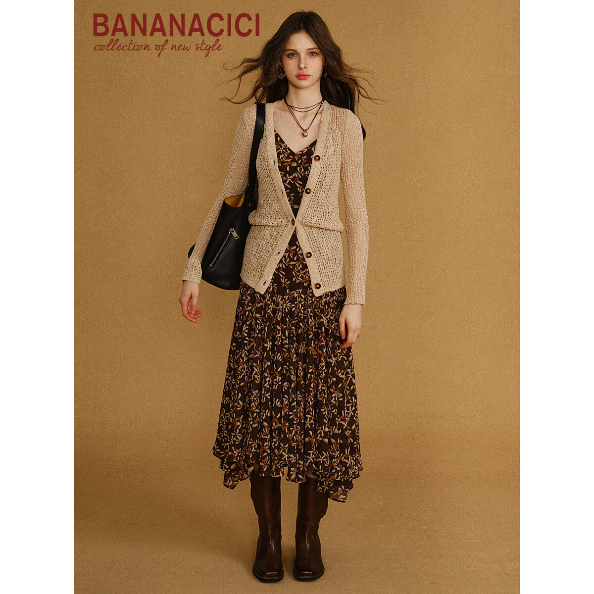 banana cici2025年秋季新款慵懒波西风镂空网眼长袖V领针织衫外套C2F3MY072 杏色 S