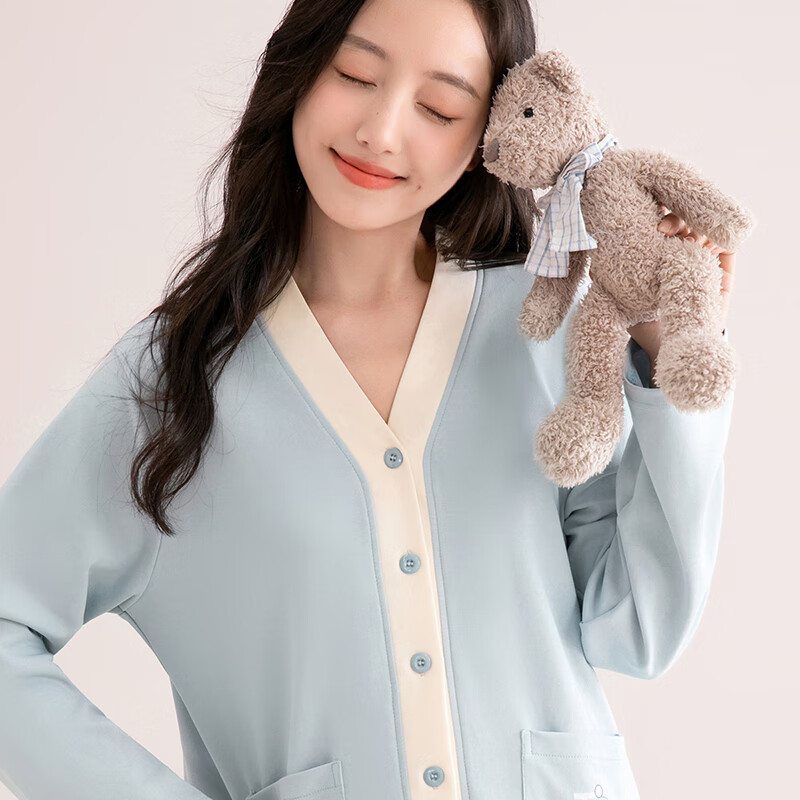 芬腾睡衣女100%纯棉2025秋季新款撞色V领小熊外穿柔软长袖家居服套装 浅蓝 L