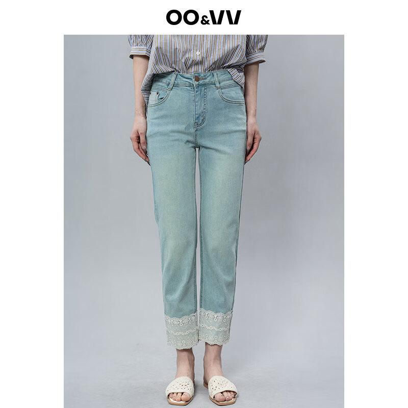 OO&VV复古港风高腰显瘦蕾丝拼接牛仔裤女2025夏新款直筒九分裤子 复古蓝 XL
