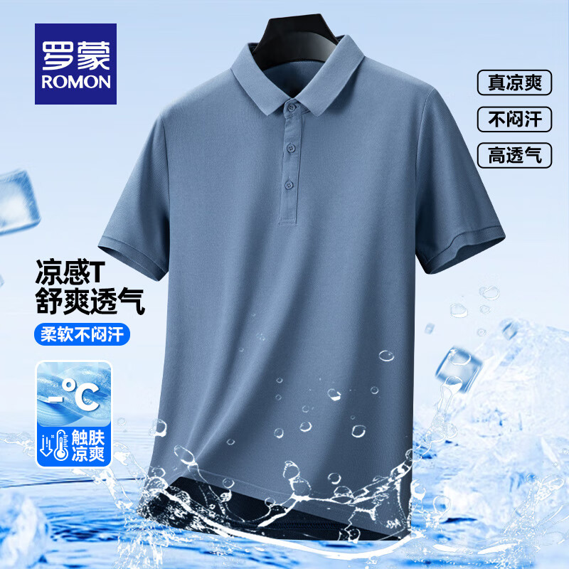 罗蒙（ROMON）冰爽凉感短袖t恤男翻领夏季新款速干半袖polo中青年商务百搭T恤男 7T329827雅兰 XL （建议135-150斤）