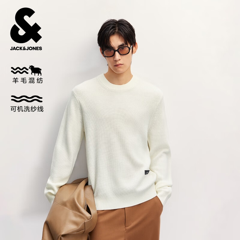 杰克·琼斯（JACK&amp;JONES）男装25年秋冬季毛衣男士潮流圆领针织衫可机洗套头打底衫羊毛衫 奶白A42 M 175