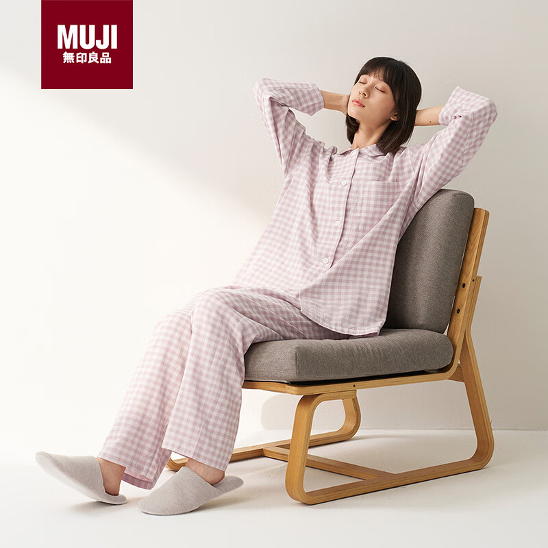 MUJI[自营限定款]女士无侧缝 双层纱织睡衣  软棉棉内衣 浅粉色格纹 M