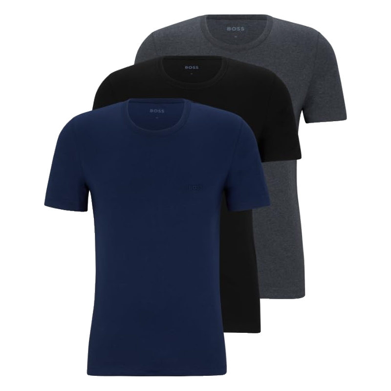 BOSS男士純棉短袖T恤 男裝上衣 運動(dòng)衫 經(jīng)典徽標 內搭打底衫 三件裝 藍色海軍藍深灰色土壤黑色 X-Large