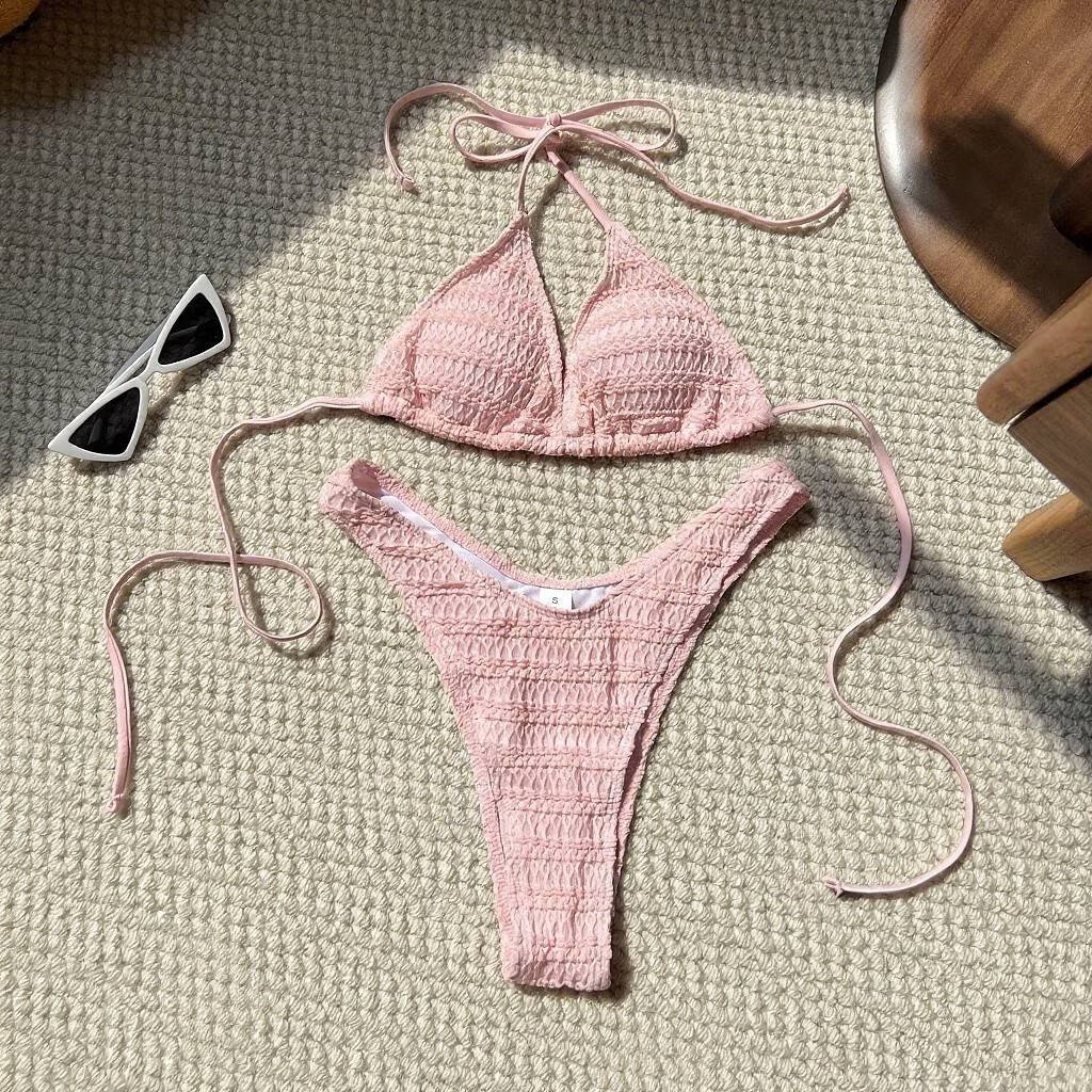 绝美欧美比基尼泳衣女性感高级感度假bikini辣妹温泉暴露纯欲沙滩 粉红色-两件套 S码