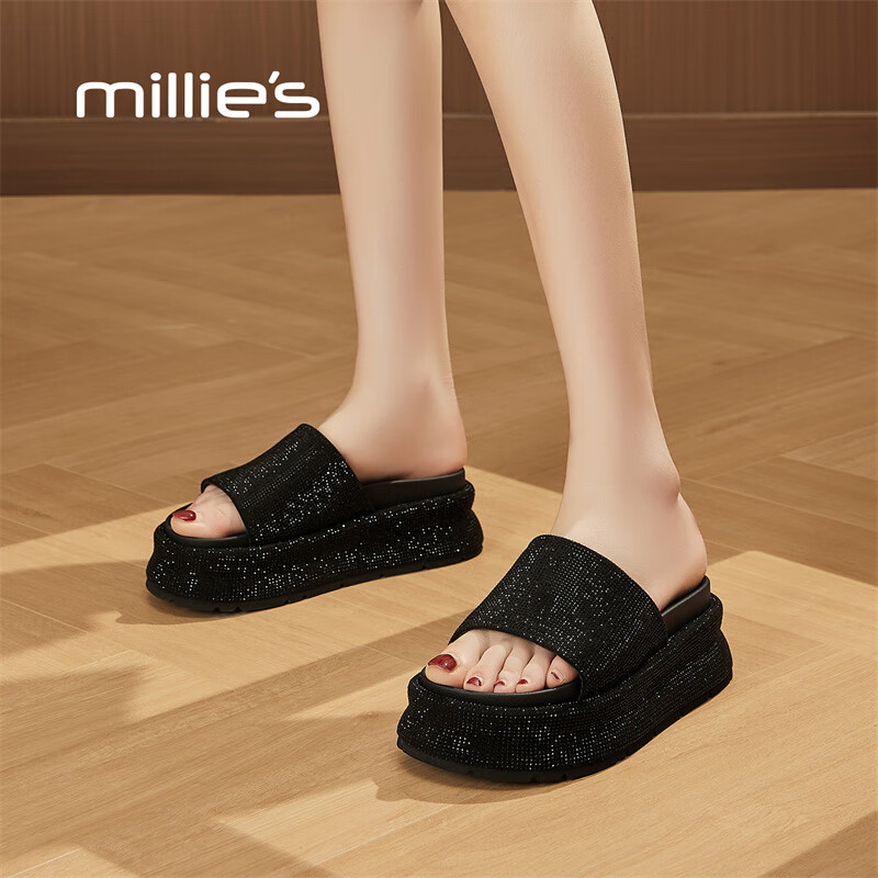 妙丽拖鞋女厚底外穿露趾细钻时尚2025夏季新款百搭配裙子半拖鞋 黑色 37 (235mm) 标准码