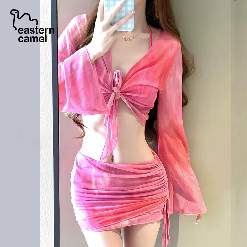 东方骆驼比基尼泳衣女2025新款四件套感白色性感分体泳衣三亚度假温泉 米白色 S 建议体重70-90斤