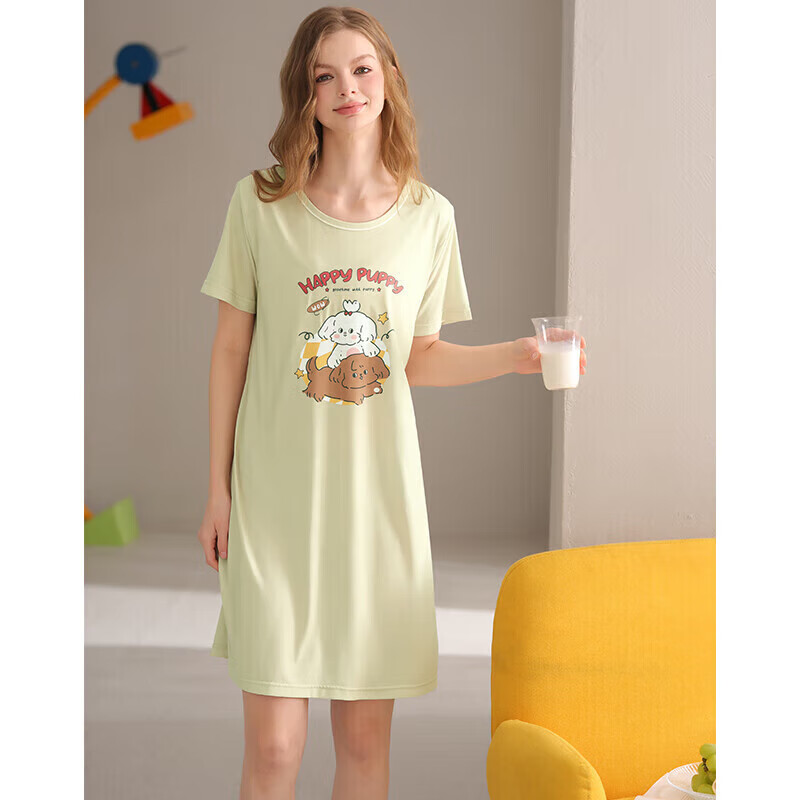 芬腾睡裙女士夏季薄款短袖睡衣中裙女款宽松休闲卡通可爱家居服 FX26921063果绿 L 建议：110-125斤