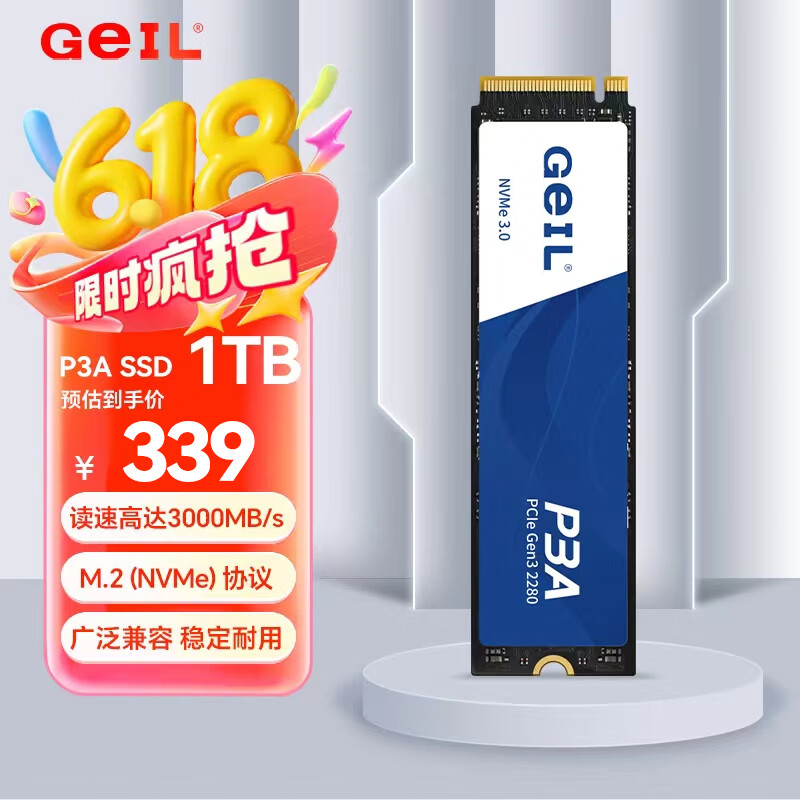 GEIL金邦 1TB SSD固态硬盘 M.2接口PCIe 3.0（NVMe协议）台式机笔记本硬盘  高速3000MB/S P3A系列