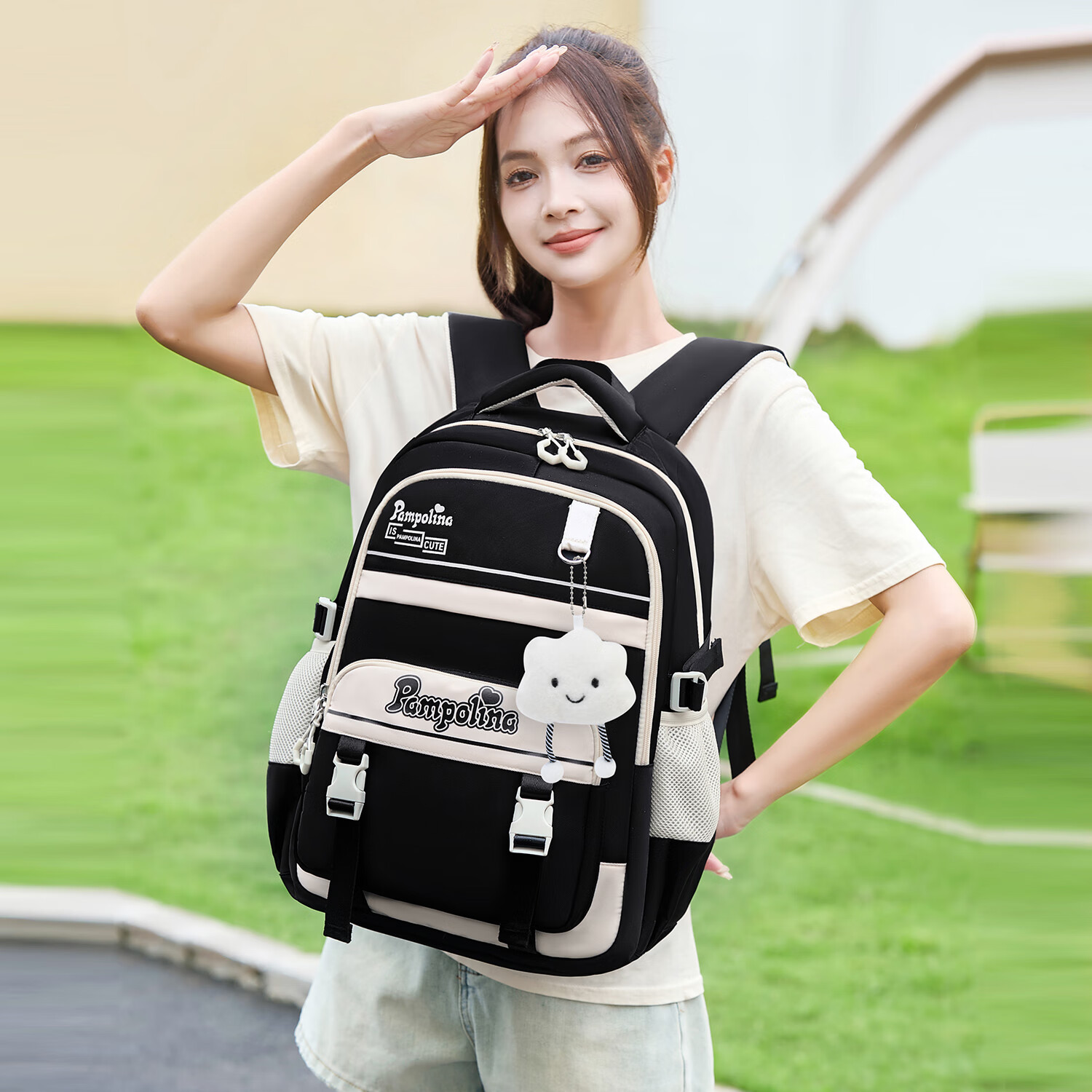 智多宝书包女减负护脊初中女生大容量双肩包轻便小学生高中生中学生背包 中号红色【送长腿云朵挂件】