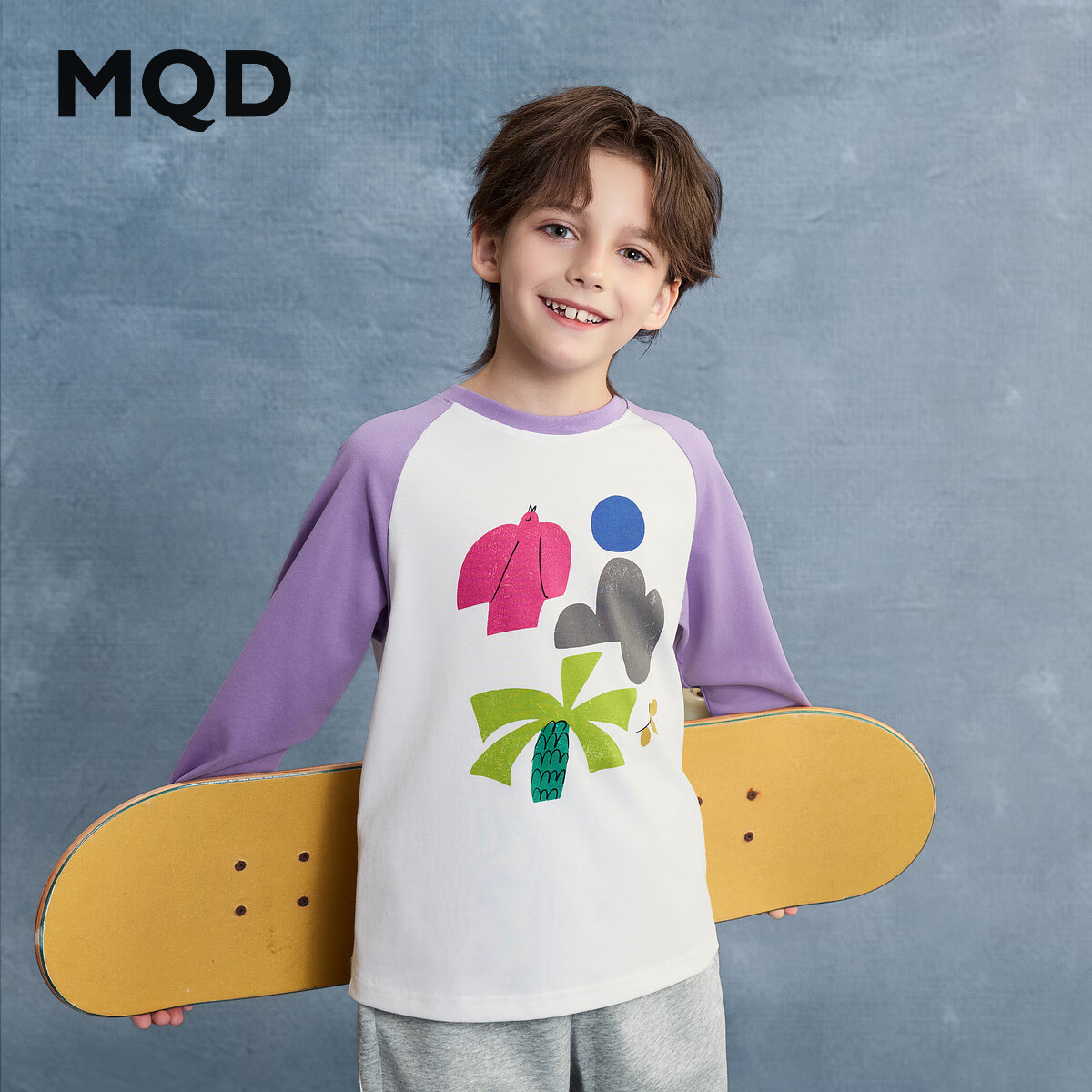 马骑顿（MQD）男童秋新款女童户外露营插肩袖撞色长袖T恤亲肤内搭打底 紫色 150