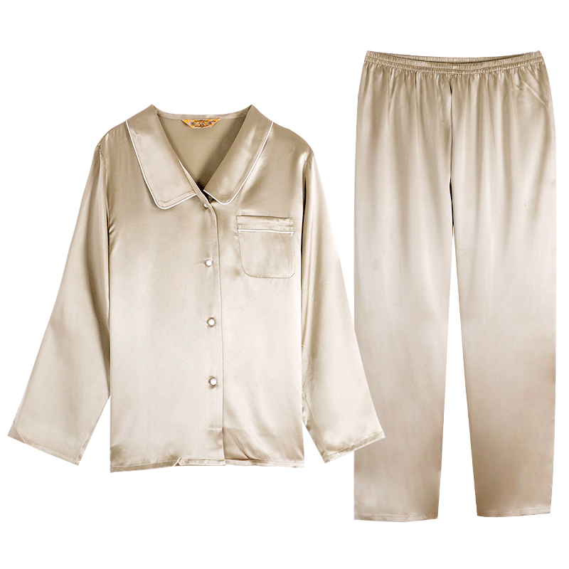 美标19姆米重磅真丝6A级桑蚕丝长袖睡衣春秋女士开衫家居服 豆绿 2XL