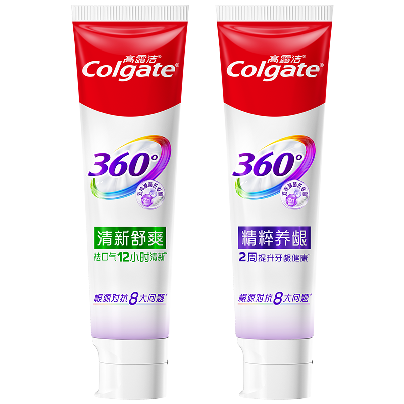 高露潔(Colgate)360°多效護(hù)理牙膏護(hù)齦含氟防蛀清新口氣180g*2精粹養(yǎng)齦+清新舒爽