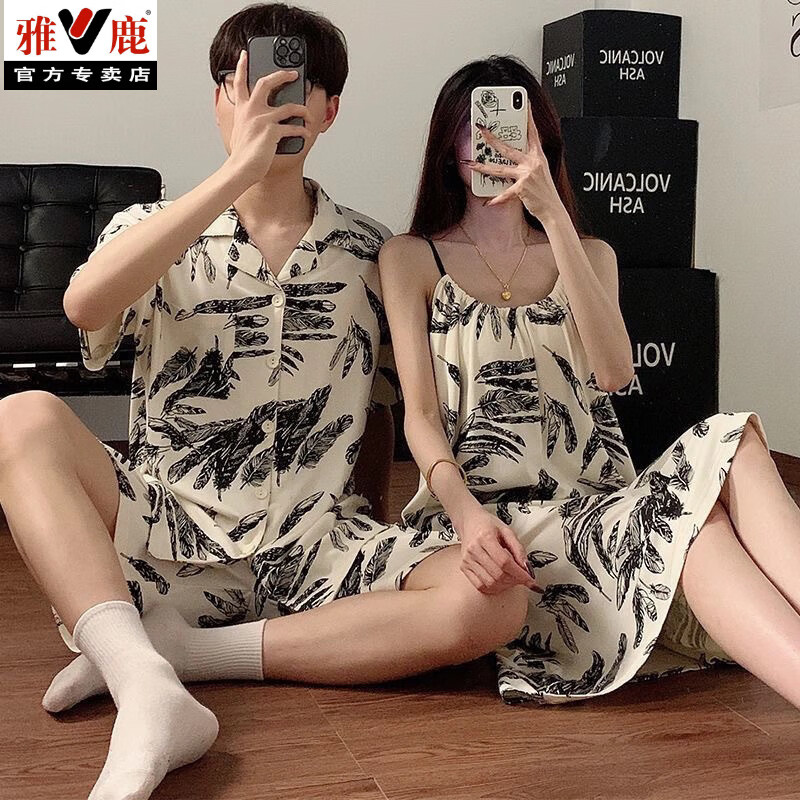 雅鹿买一送一情侣睡衣夏天冰丝短袖薄款仿真丝绸男女夏家居服套装套头 H06#情侣带胸垫 M 女+男L