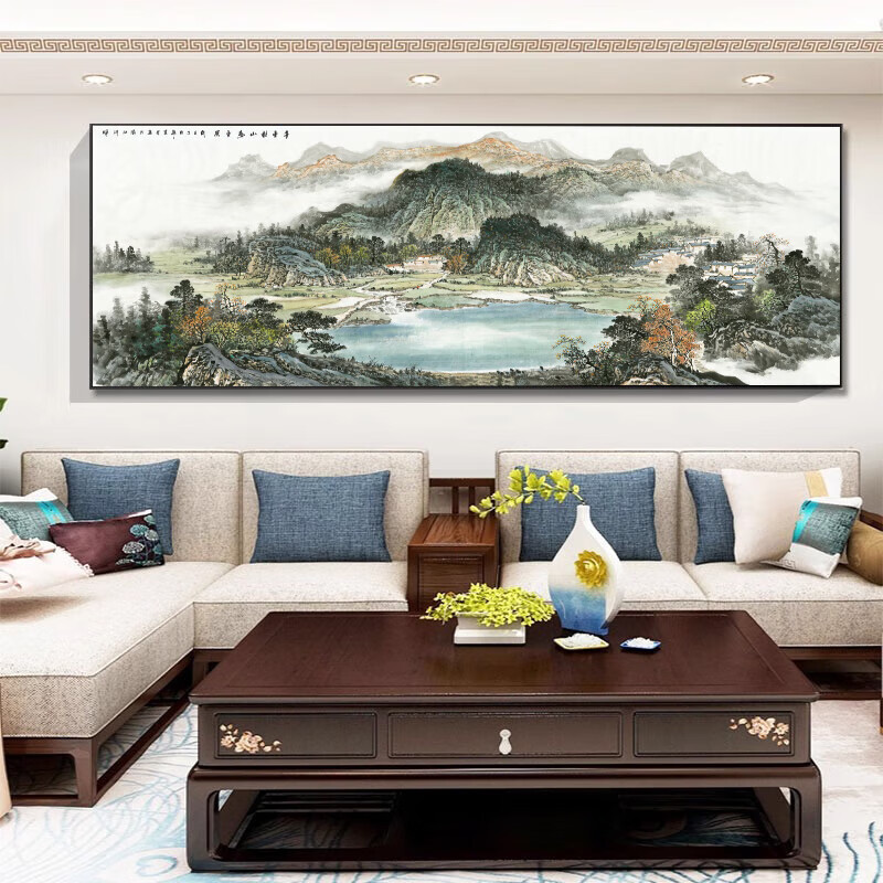 柳莺花燕流水生财客厅挂画新中式沙发背景墙国画办公室装饰字画山水画壁画 旭日东升 100cm*200cm【铝合金框】 画布纹理【画面】