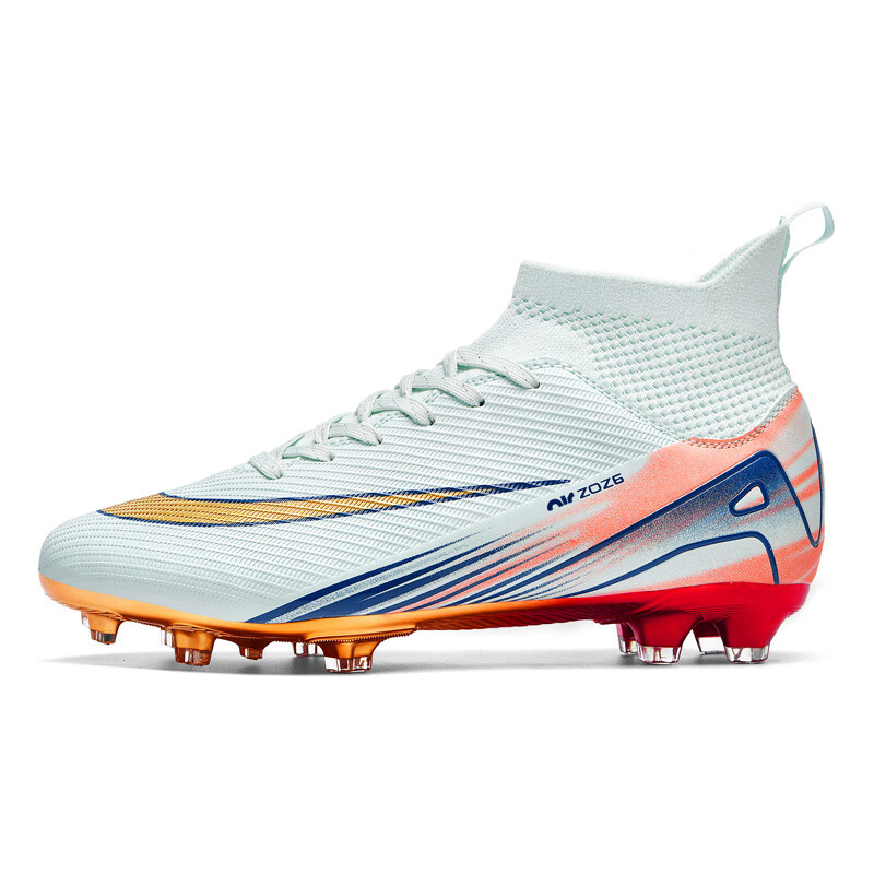 KUNY耐磨新品C罗刺客电镀成人儿童足球鞋男童AG长钉T碎钉学生训练鞋 2501浅月色高帮长钉 袜子＋护腿 38