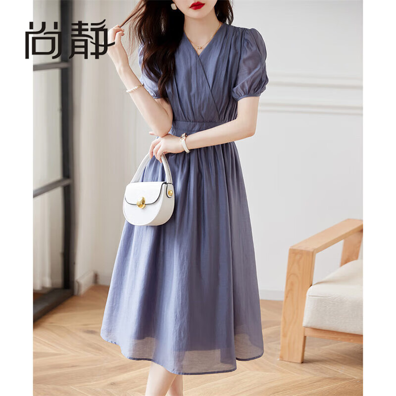 尚靜高級感優(yōu)雅淑女連衣裙夏季款時尚減齡收腰中長裙 灰紫色  L 