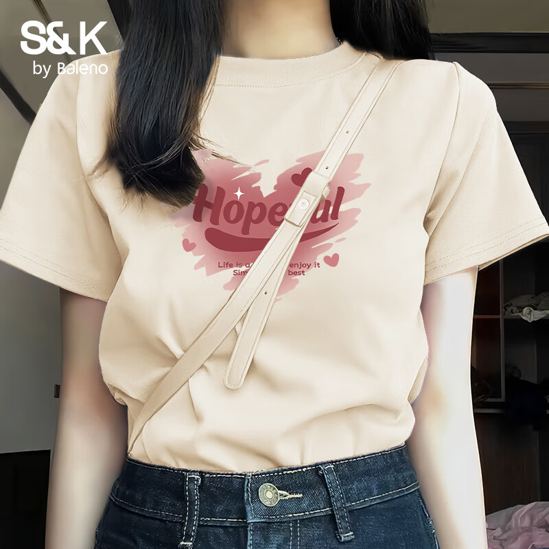 班尼路S&K纯棉宽松短袖T恤女2026年夏季女装新款潮流时尚休闲简约上衣 杏#粉红破碎心 M