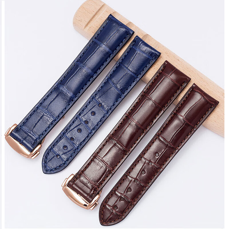 适用于OMEGA欧米茄表带男原装真皮鳄鱼皮蝶飞海马Omega手表带 蓝色-金扣【折叠款】 21mm【表盘接口】